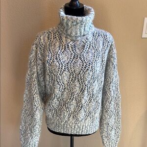 Cozy LizWear Acrylic Mohair Blue Cream Turtleneck Loose Knit Sweater